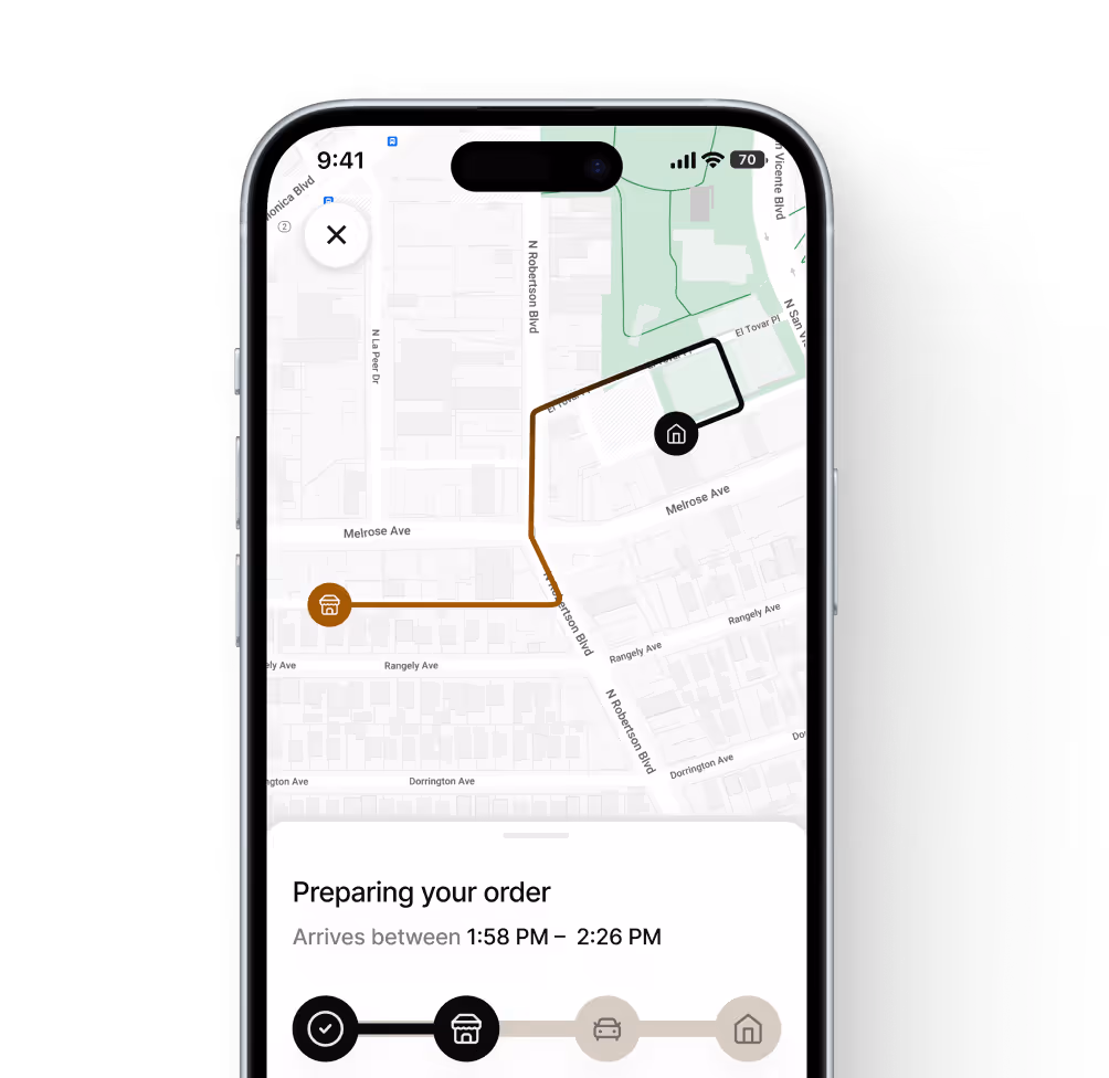 Smartphone showing an Owner delivery tracking map and order status